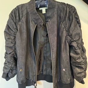 Kenneth Cole New York black denim jacket with ruched sleeves